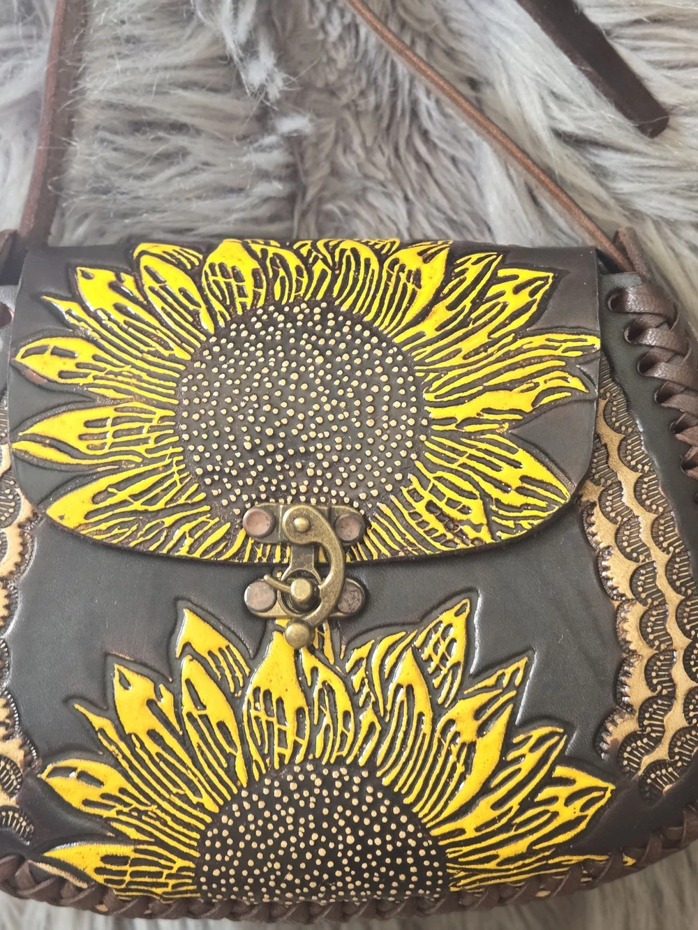 Hand Crafted Brown Leather Crossbody Bag with Yellow Sunflower Design - Picture 2 of 4